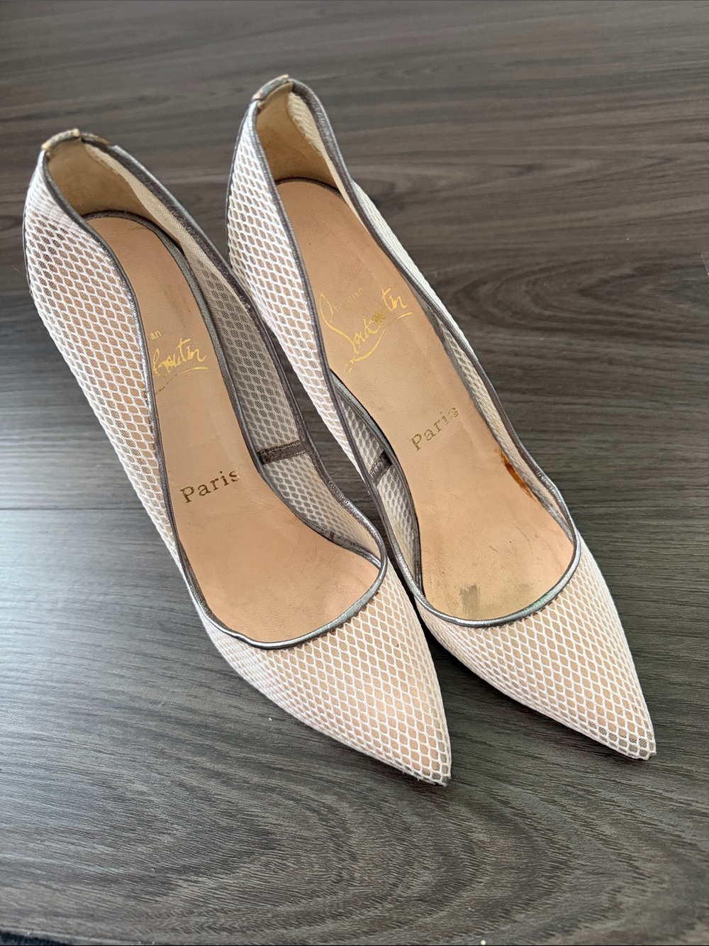 Christian Louboutin Beige and Silver Pointed Mesh Pumps